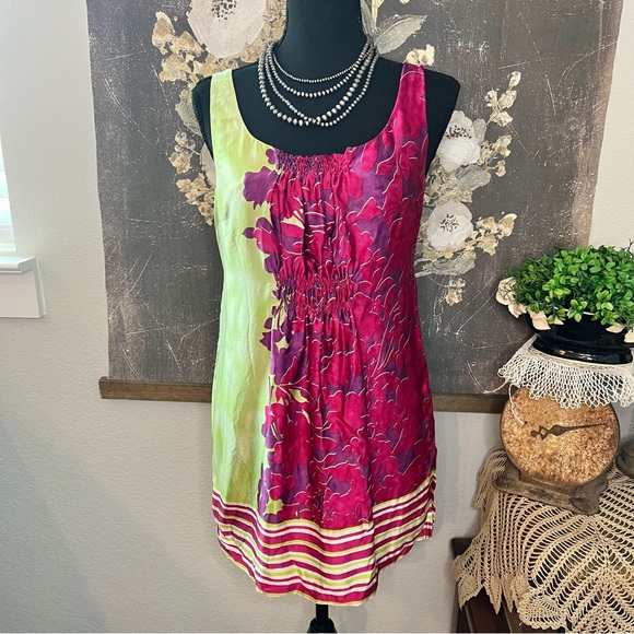 CAbi Tops - Cabi 100% Silk Pink Green Floral Stripe Color Block Sleeveless Tunic Blouse Sz S